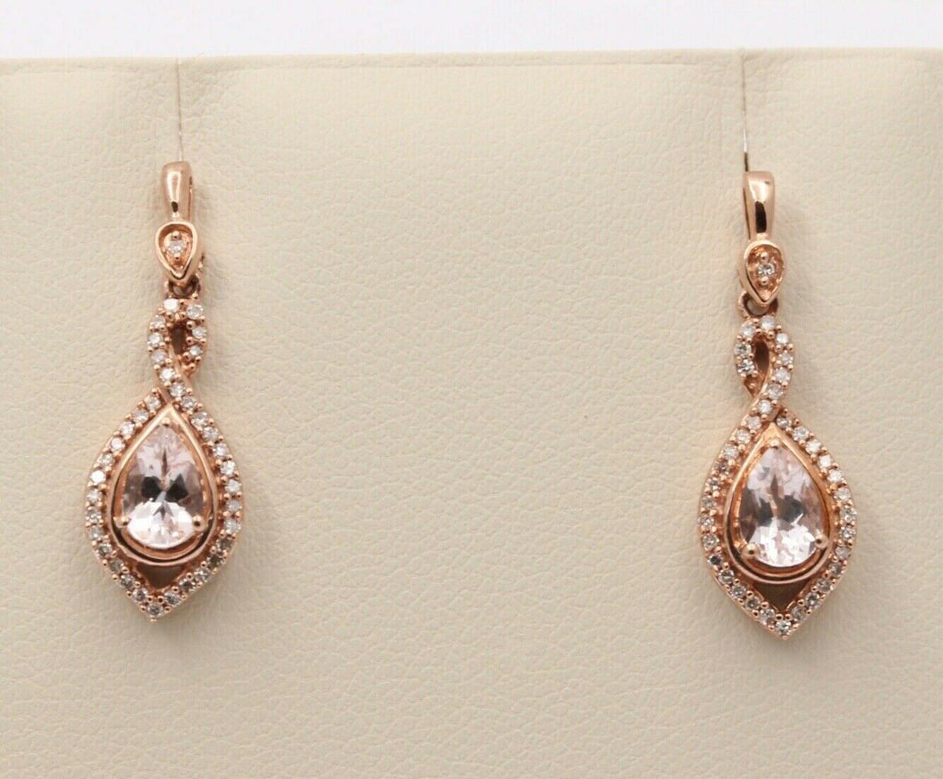 The Beautiful 10K Rose Gold Pear Shape Pink Quartz and Diamond Dangling Earrings