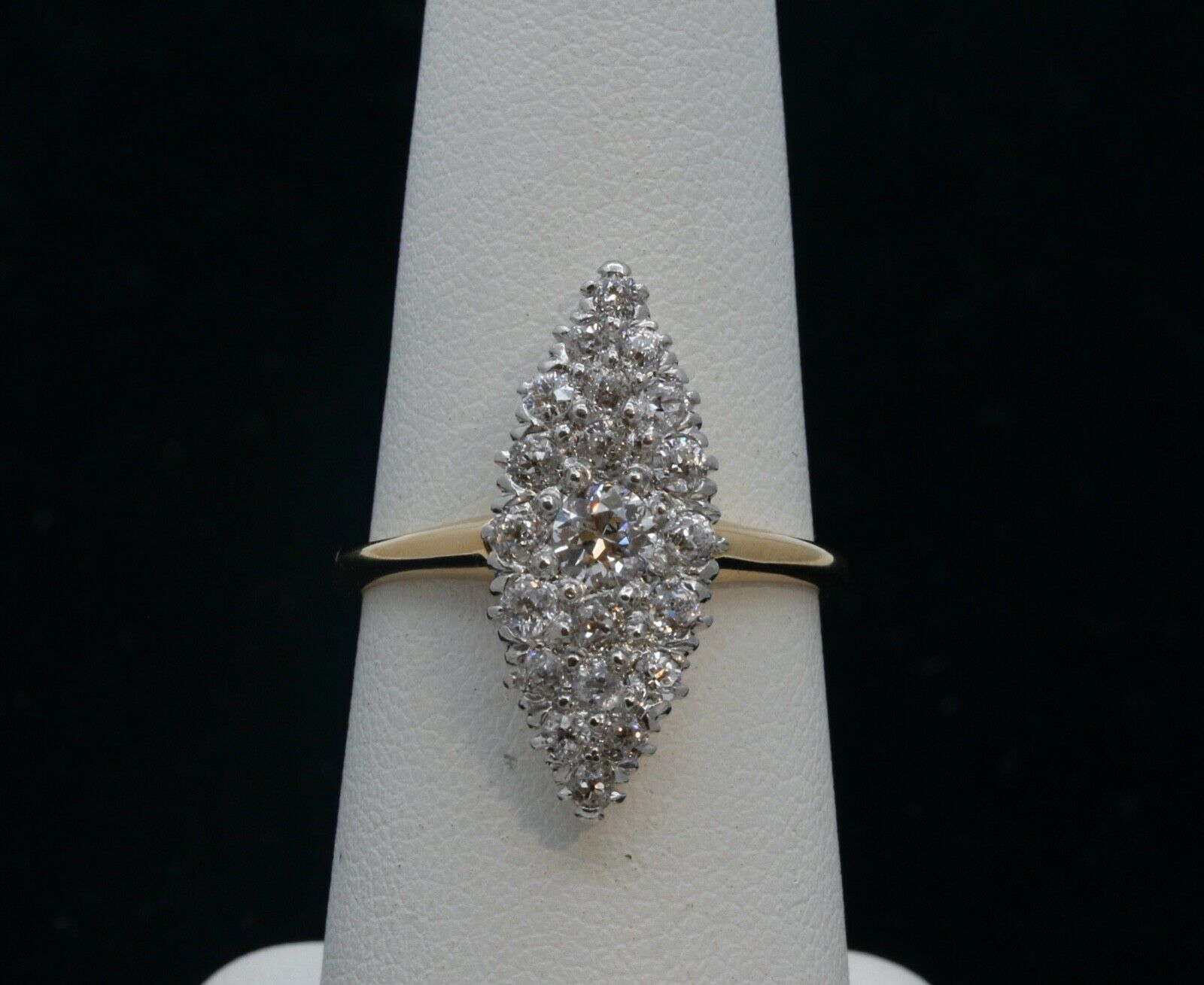 Victorian Navette 18K Yellow White Gold Diamonds Ring