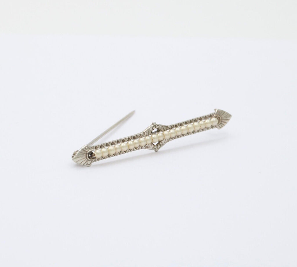 Antique 10K White Gold Art Deco Pearl Bar Brooch, Pin