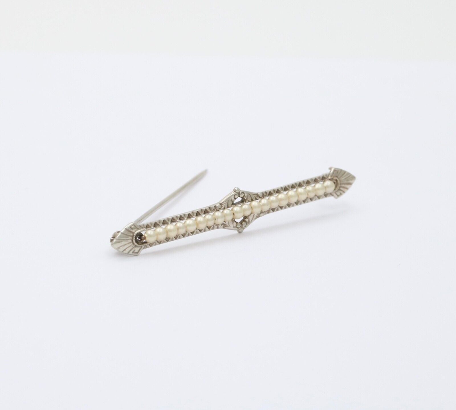 Antique 10K White Gold Art Deco Pearl Bar Brooch, Pin