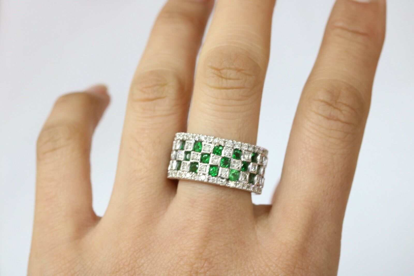 Vintage Checkerboard Tsavorite Garnet and Diamond 18K White Gold Ring
