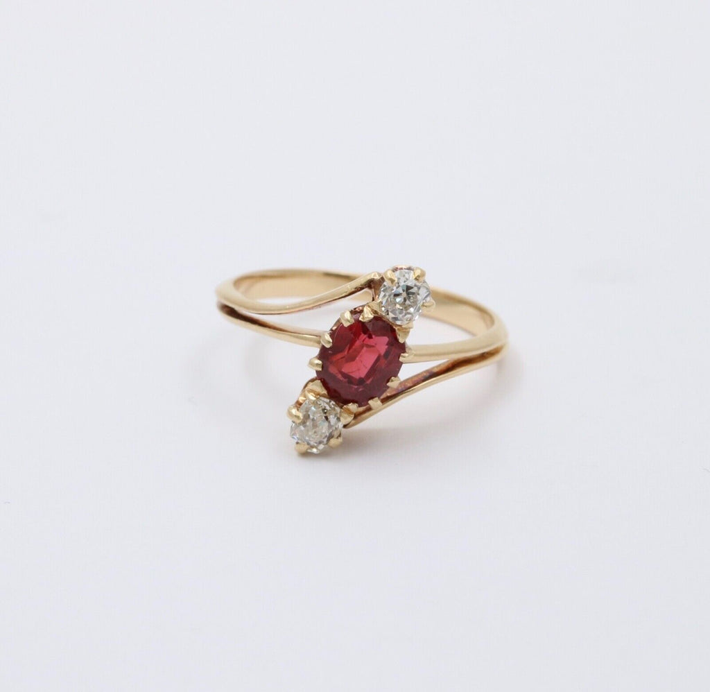 Antique 18K Yellow Gold Ruby And Diamond Bypass Three Stone Ring