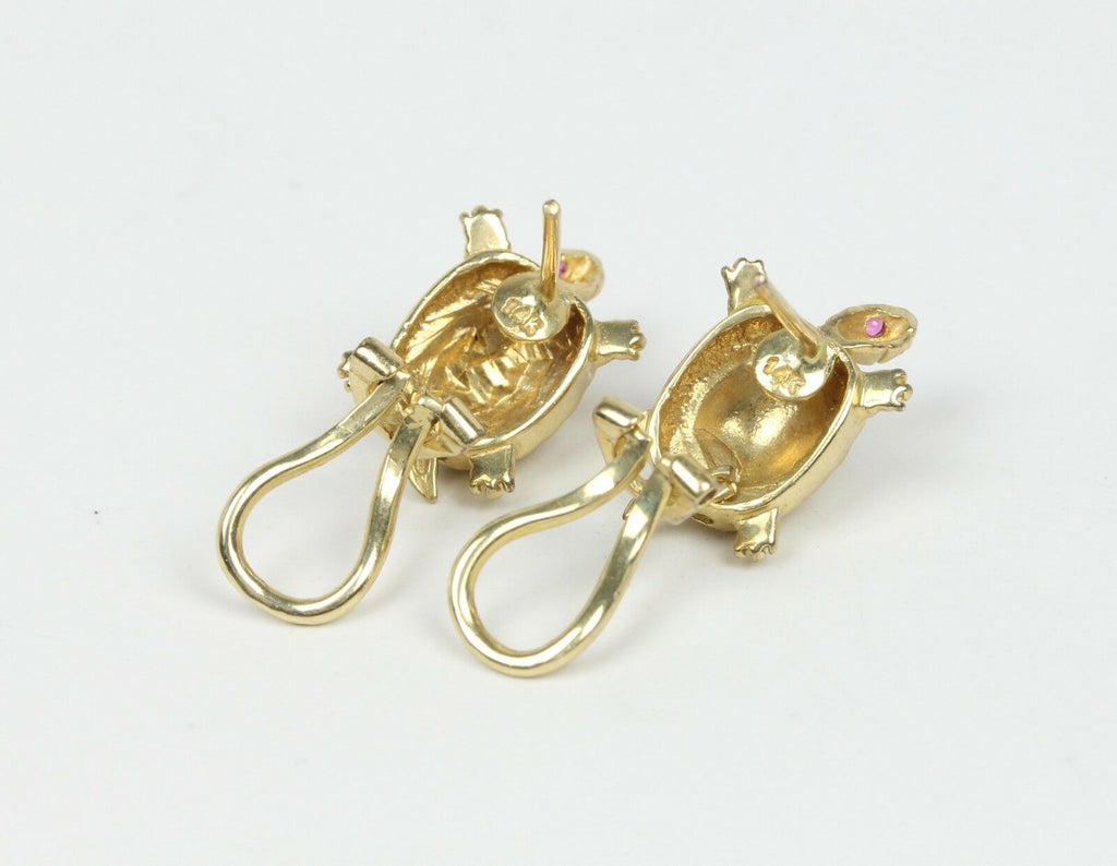 Vintage Turtle 14K Yellow Gold Rubies Enamel Ladies Earrings