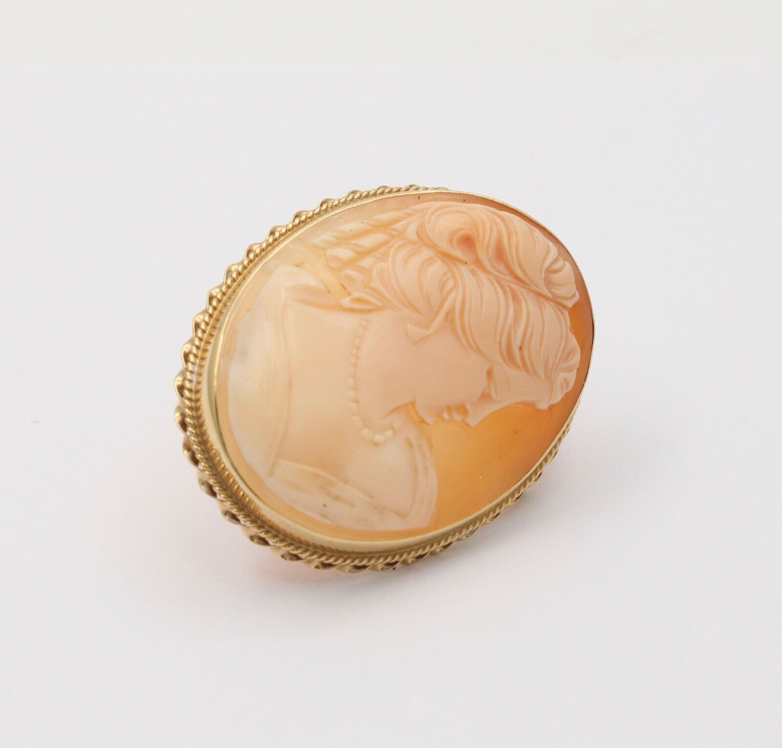Vintage Romantic 14K Yellow Gold Carved Shell Cameo Brooch, Portrait Pendant.