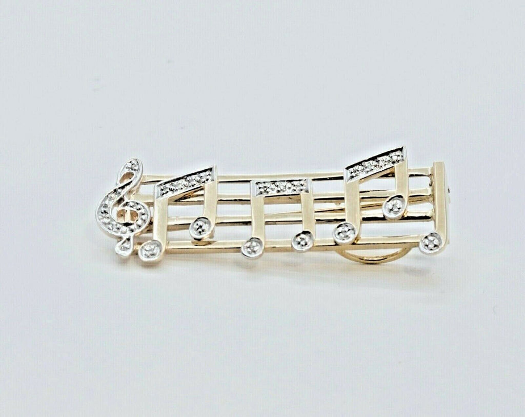 Music Lovers Brooch!! 14K Yellow Gold Diamonds Notes Movable Staff Pin Pendant