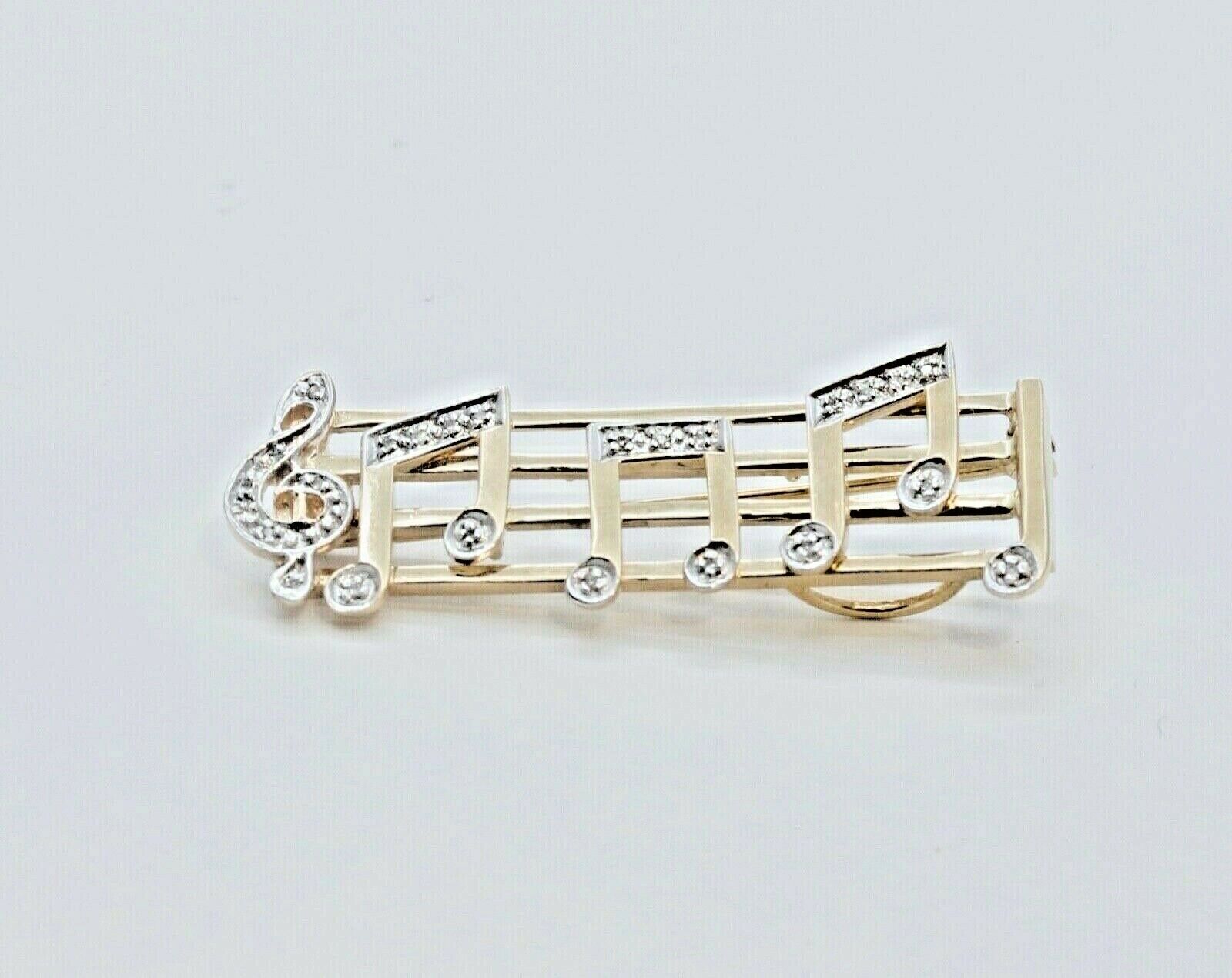 Music Lovers Brooch!! 14K Yellow Gold Diamonds Notes Movable Staff Pin Pendant