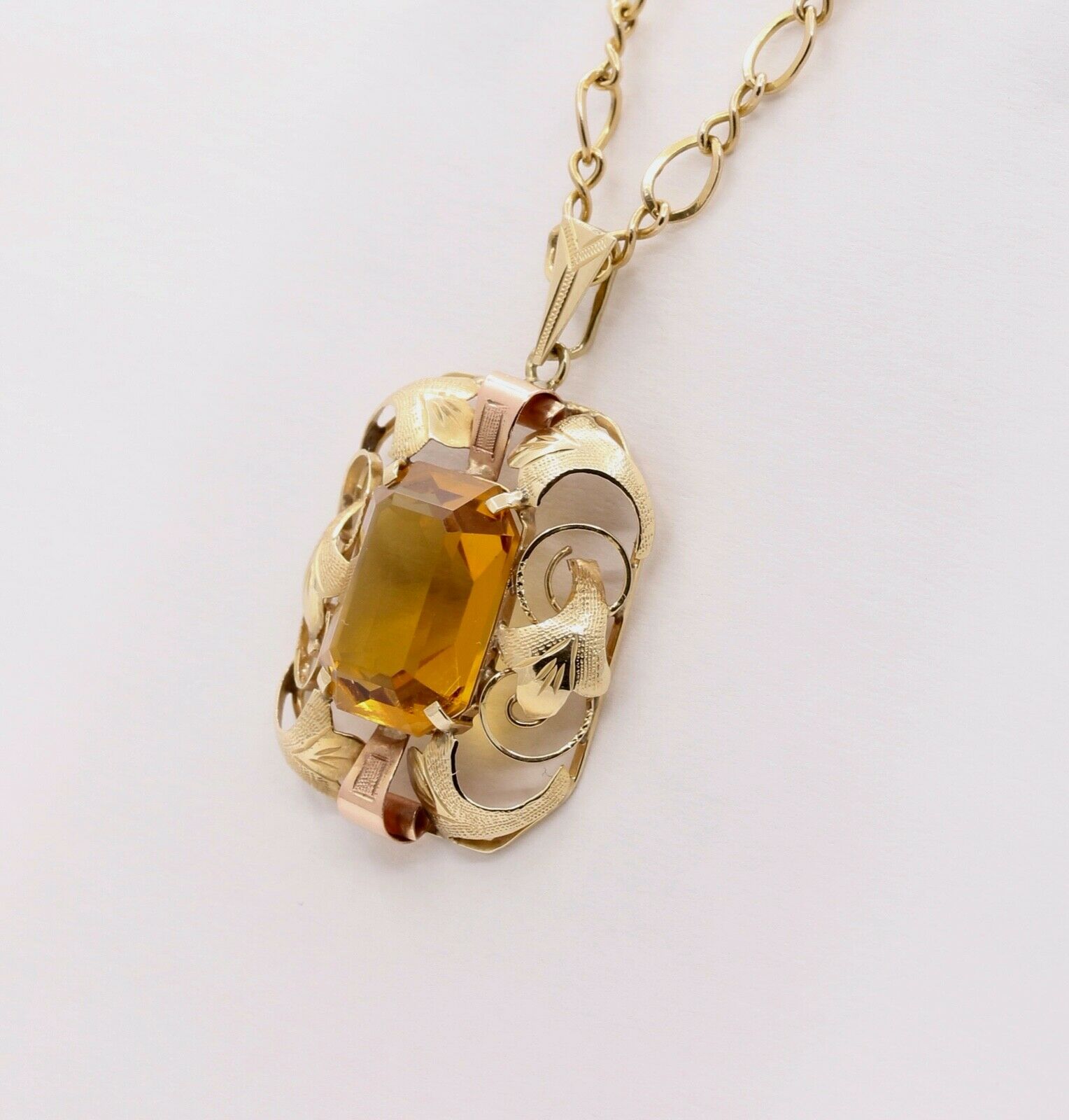 Lovely Vintage 14K Yellow Rose Gold Citrine Pendant 10K Open Link Chain