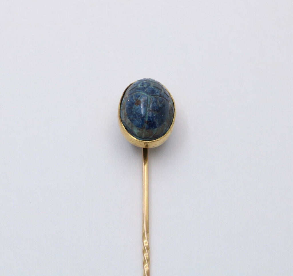 Antique 14K Yellow Gold Egyptian Revival Scarab Sodalite Stick Pin, Lapel Pin
