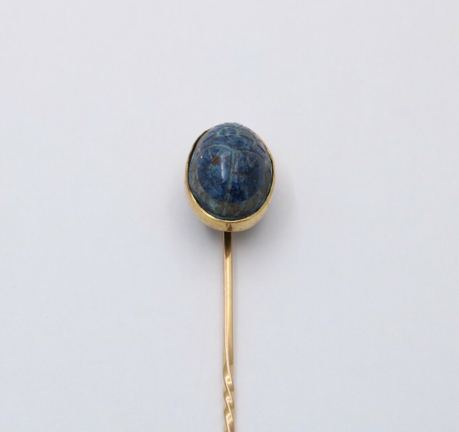Antique 14K Yellow Gold Egyptian Revival Scarab Sodalite Stick Pin, Lapel Pin