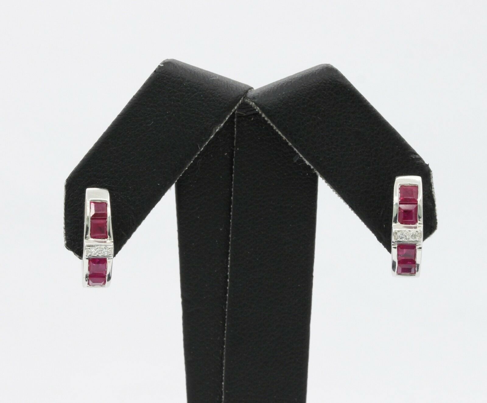 18K White Gold Diamond, Natural Ruby Huggie Earrings