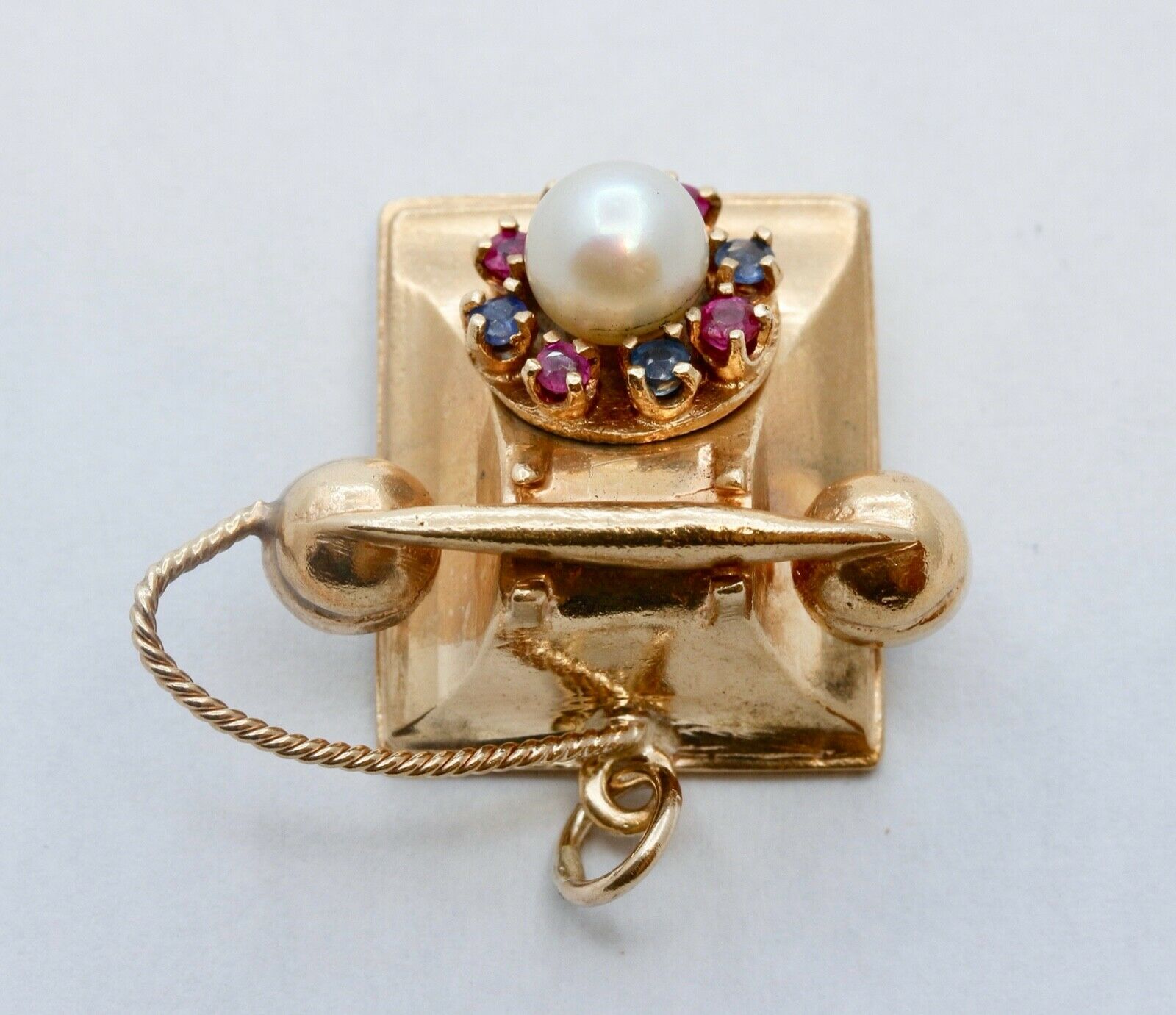 Vintage Moveable Telephone 14K Yellow Gold Pearl Sapphires Rubies Pendant Charm