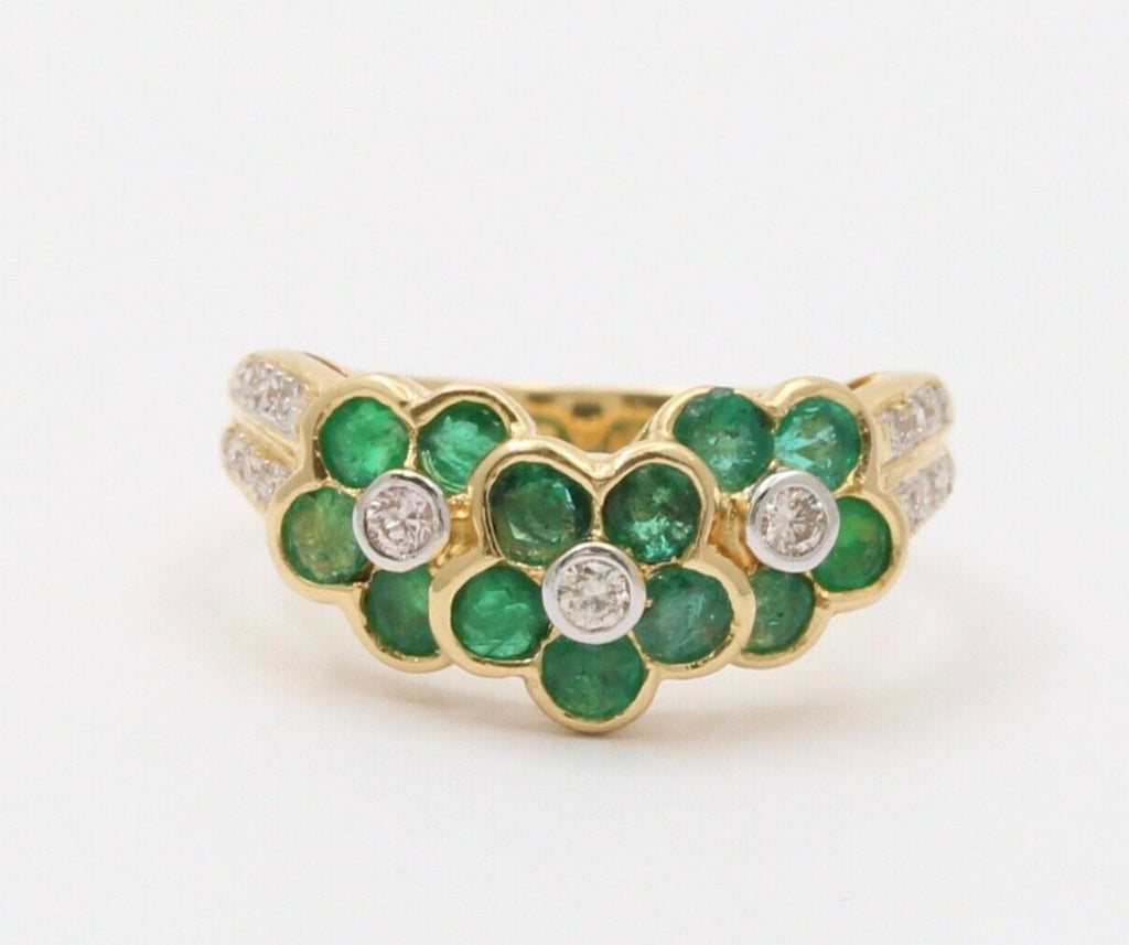 Vintage Flowers Emeralds Diamonds 18K Yellow Gold Ring