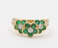 Vintage Flowers Emeralds Diamonds 18K Yellow Gold Ring