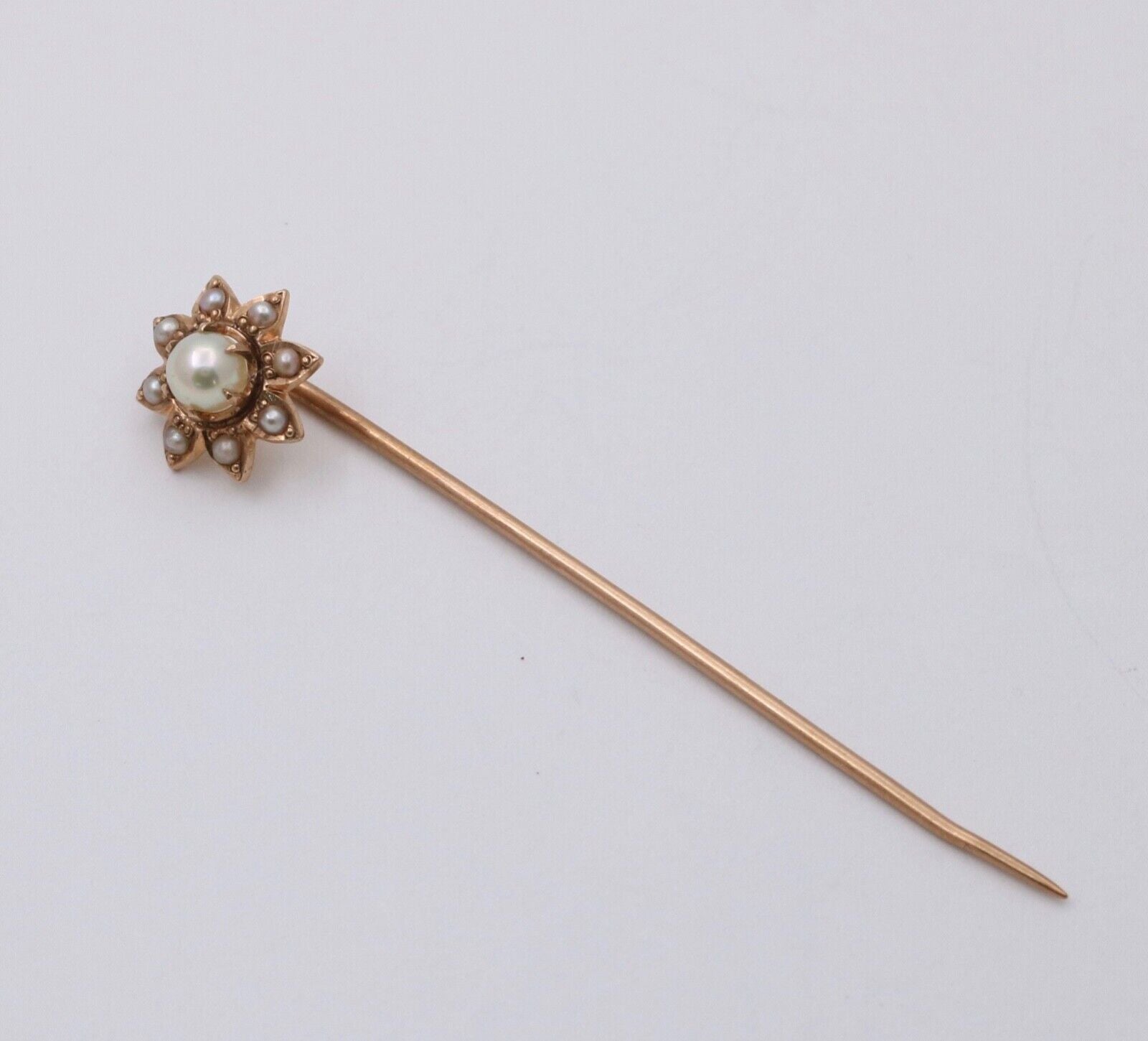 Antique 14K Yellow Gold Pearls Flower Stick Pin