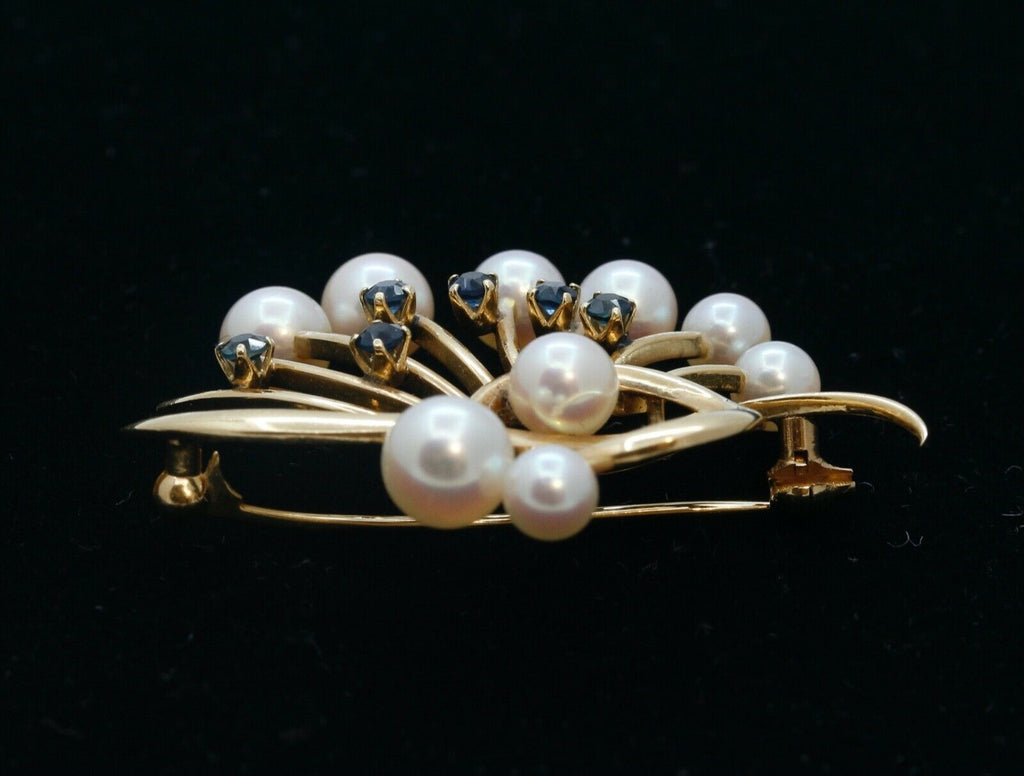 Mikimoto 14K Yellow Gold Sapphires Pearls Brooch Pin