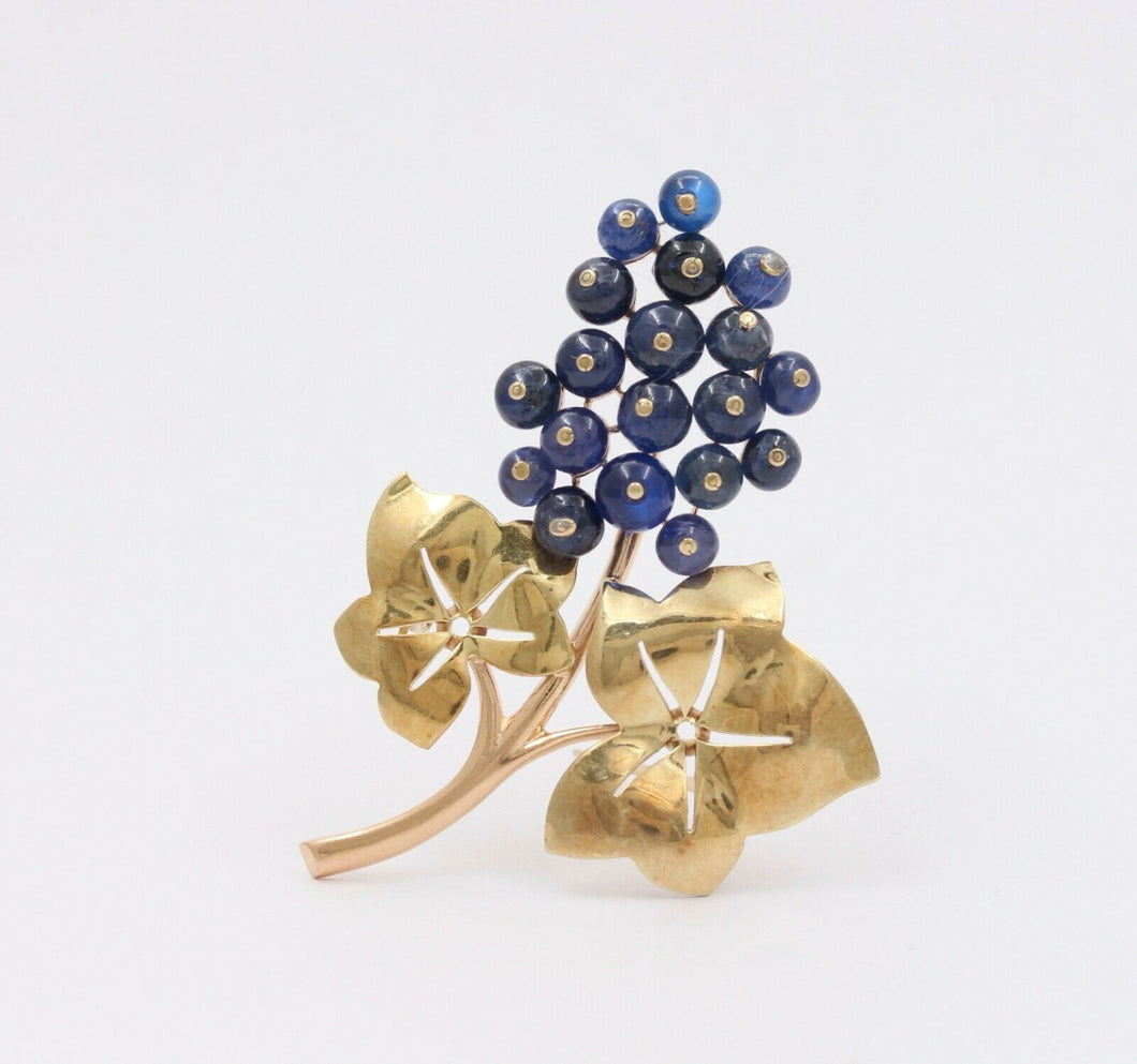 Vintage 14K Yellow Gold Sapphire Grape Brooch