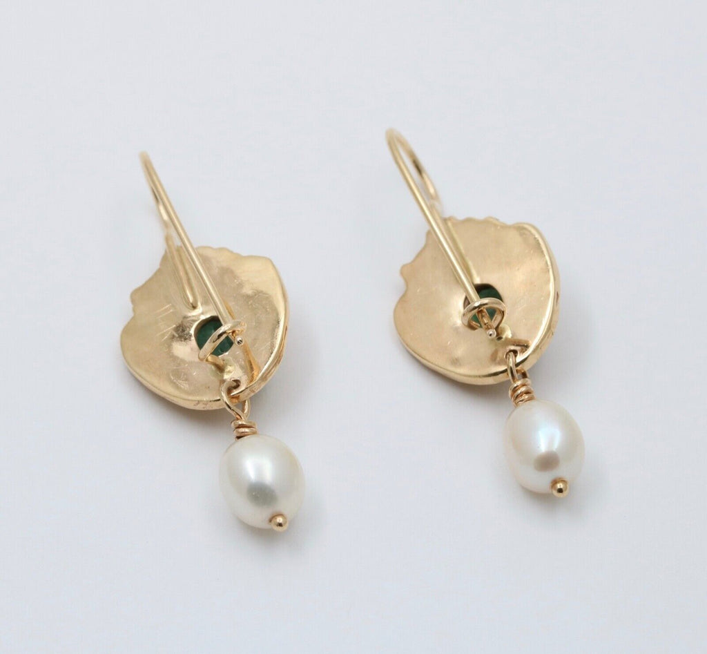 Vintage 14K Yellow Gold Green Tourmaline & Pearl Dangling Earrings