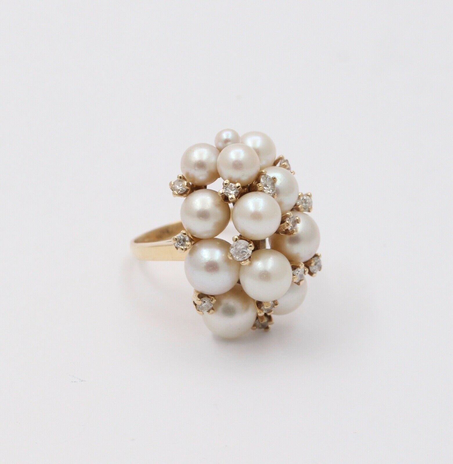 Vintage Pearls Diamonds 14K Yellow Gold Cluster Ring