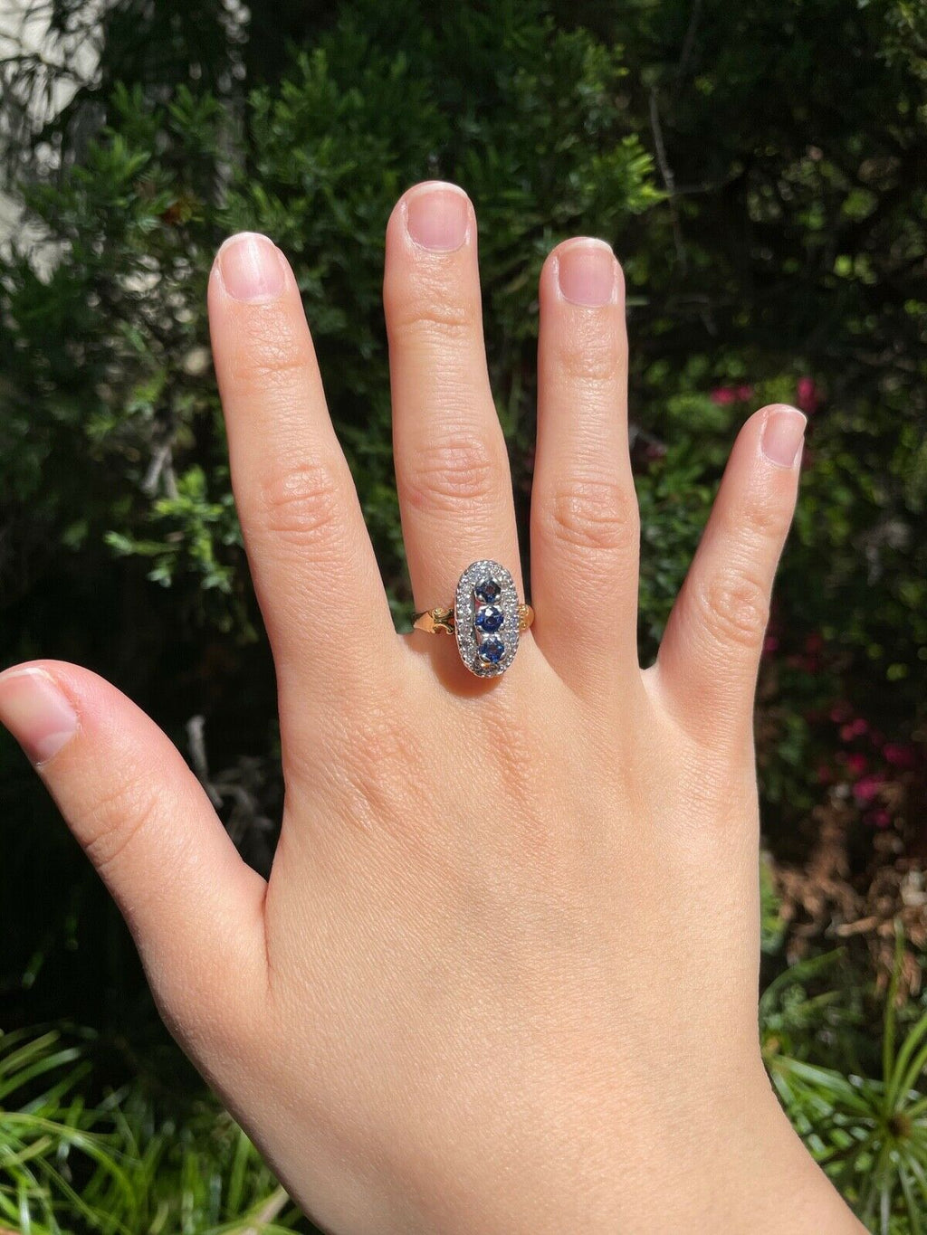 Edwardian Blue Sapphire Diamonds Yellow White Gold Ring