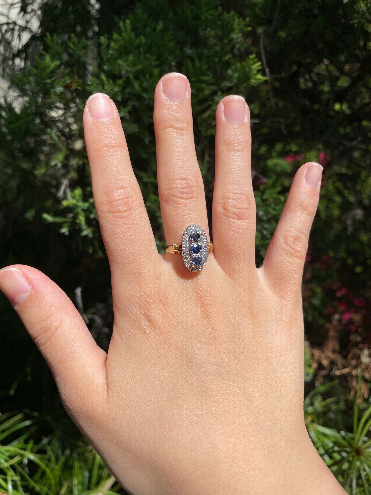 Edwardian Blue Sapphire Diamonds Yellow White Gold Ring