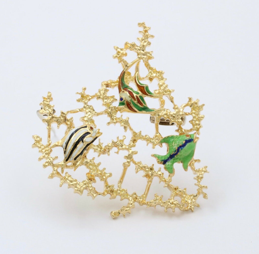 Vintage 18K Yellow Gold Enamel FIsh Brooch Pin Ocean Lover