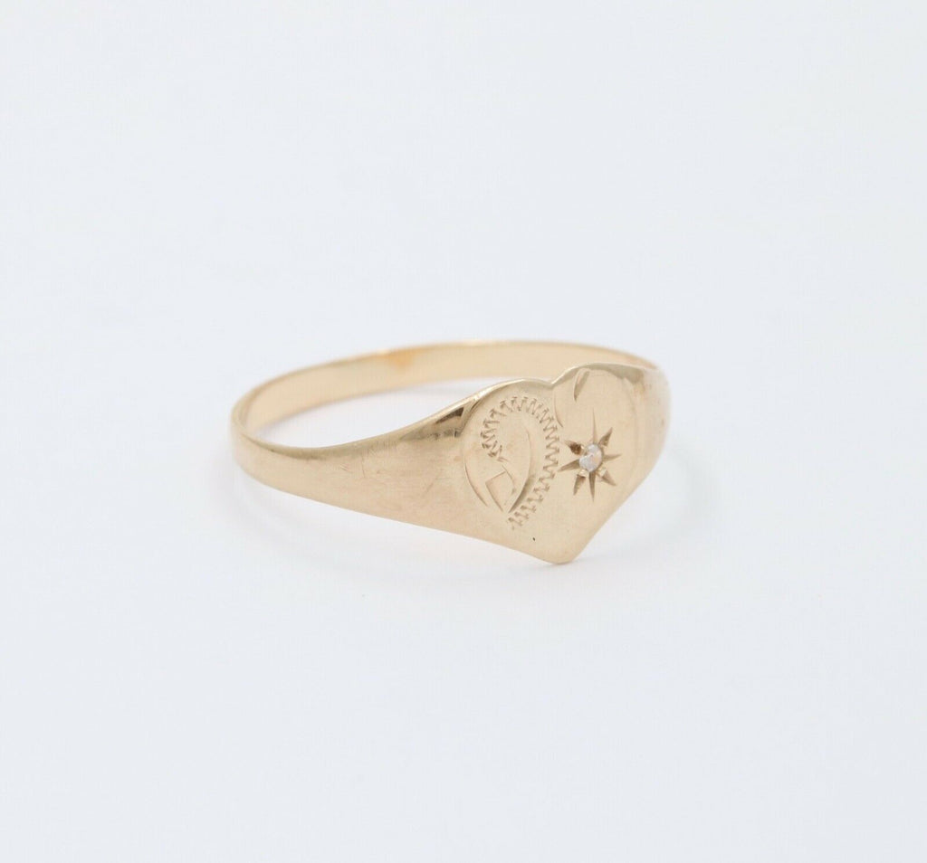 English 9K Yellow Gold Diamond Heart Signet Ring