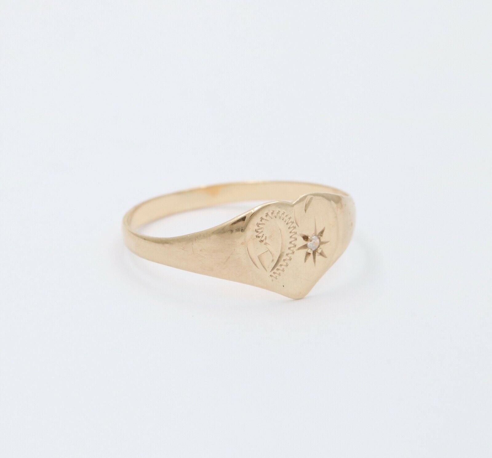 English 9K Yellow Gold Diamond Heart Signet Ring