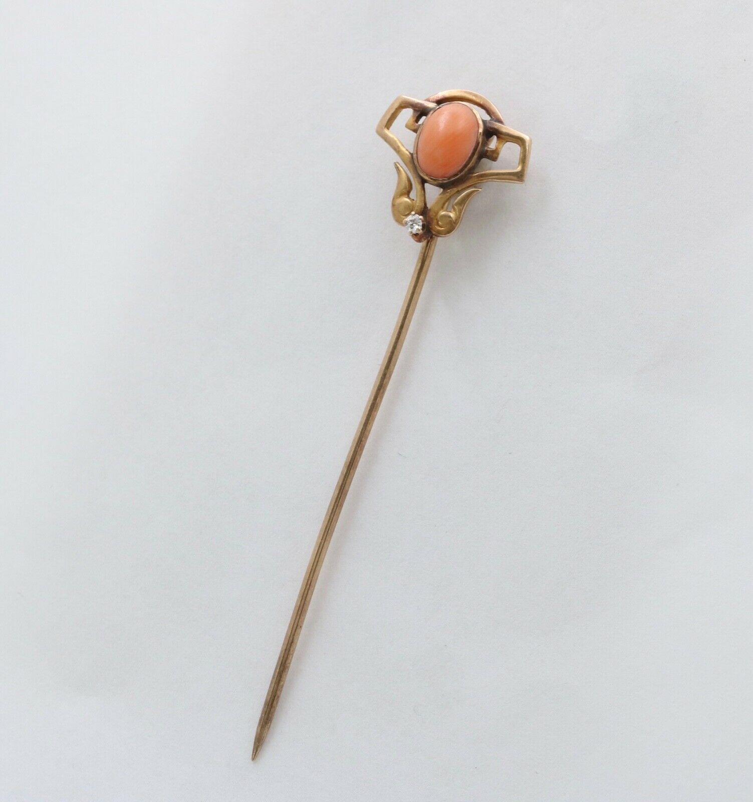 Art Nouveau Coral Diamond 14K Rose Gold Stick Pin