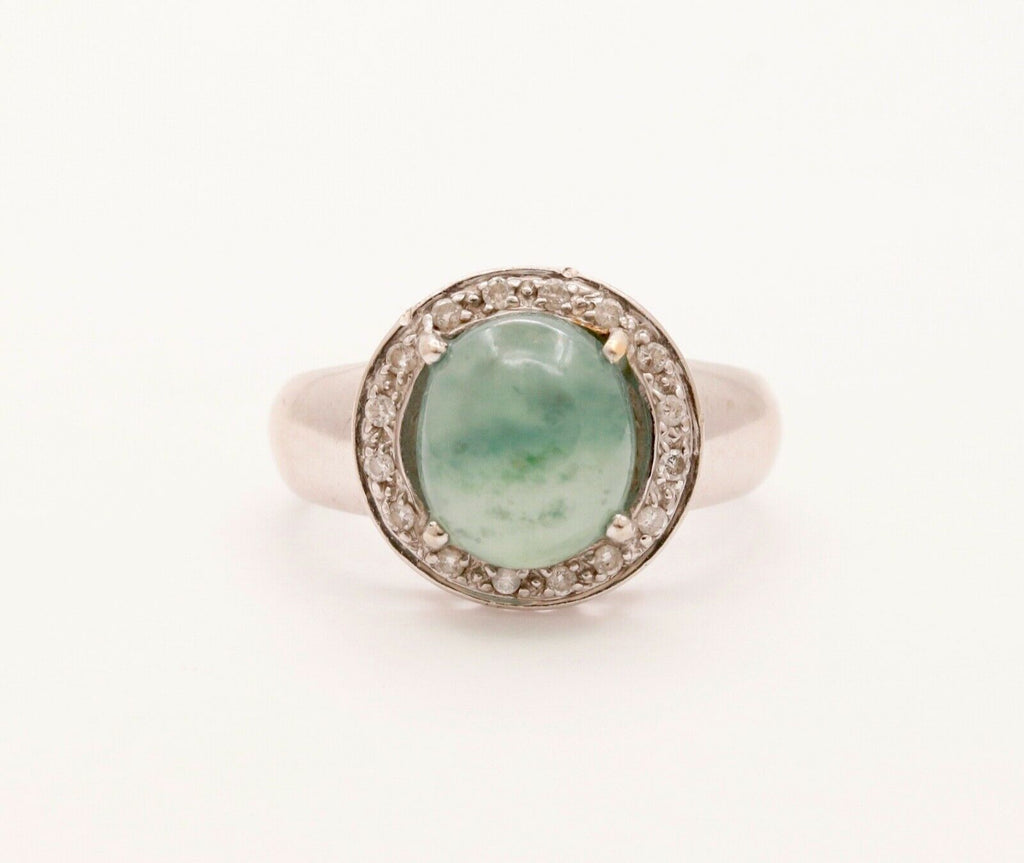 Vintage Watery Transcluscent Jade Diamonds Halo 14K White Gold Ring