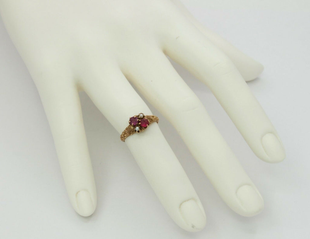 Victorian 14K Rose Gold Seed Pearl Ruby Promise Ring