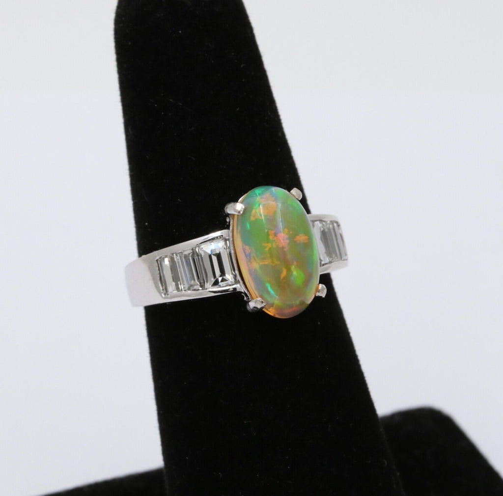 Vintage 18K White Gold Ethiopian Opal and Diamond Alternative Engagement Ring