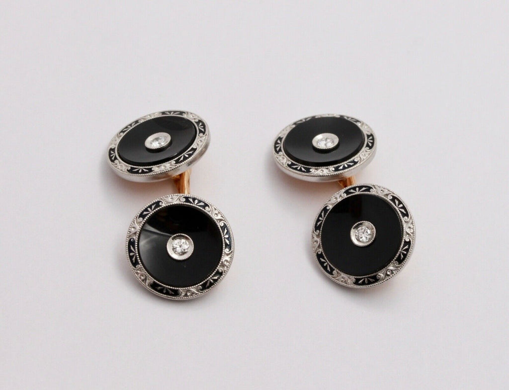 Vintage Krementz Platinum & 14K Yellow Gold Onyx Diamond Enamel Cufflinks, Man's