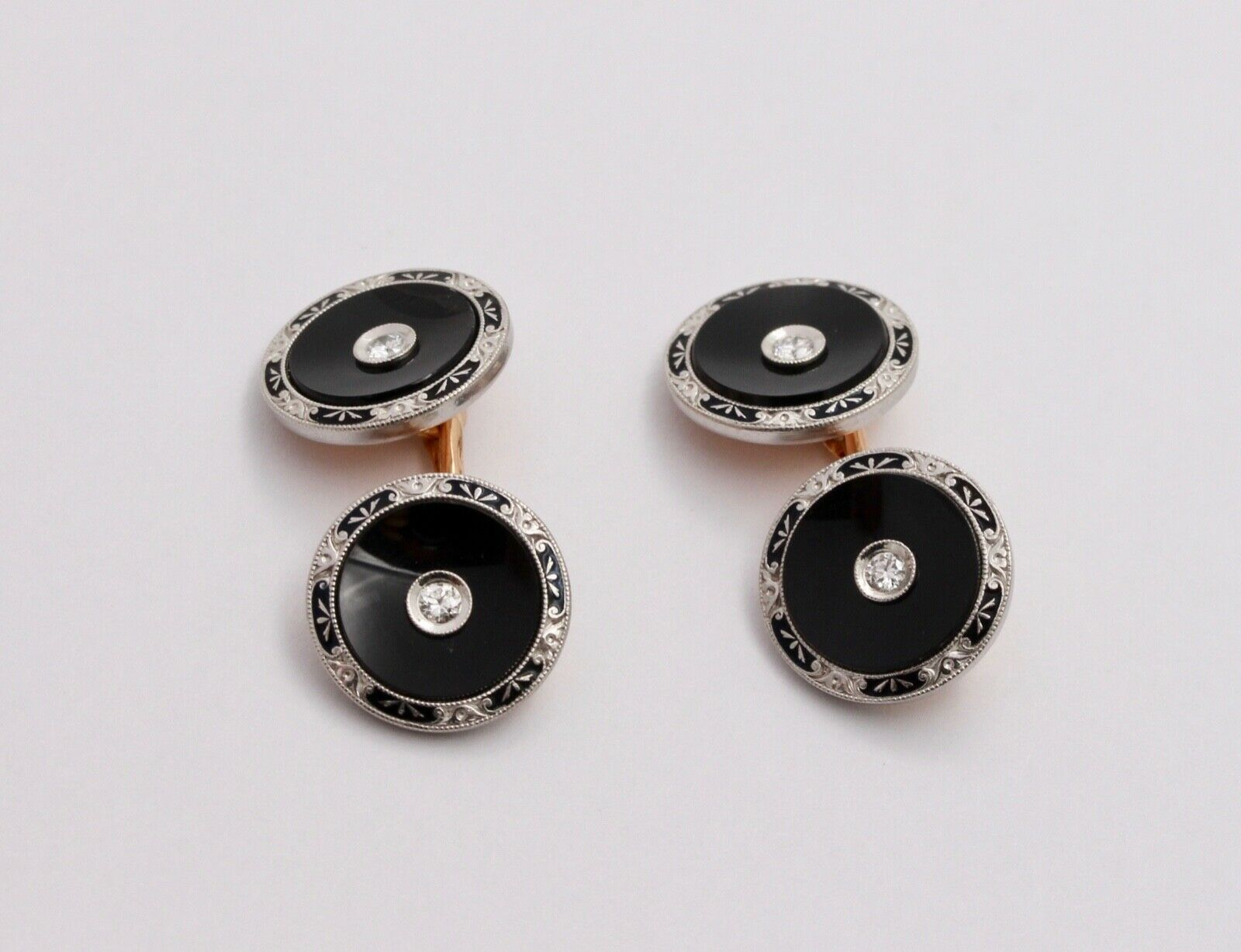Vintage Krementz Platinum & 14K Yellow Gold Onyx Diamond Enamel Cufflinks, Man's