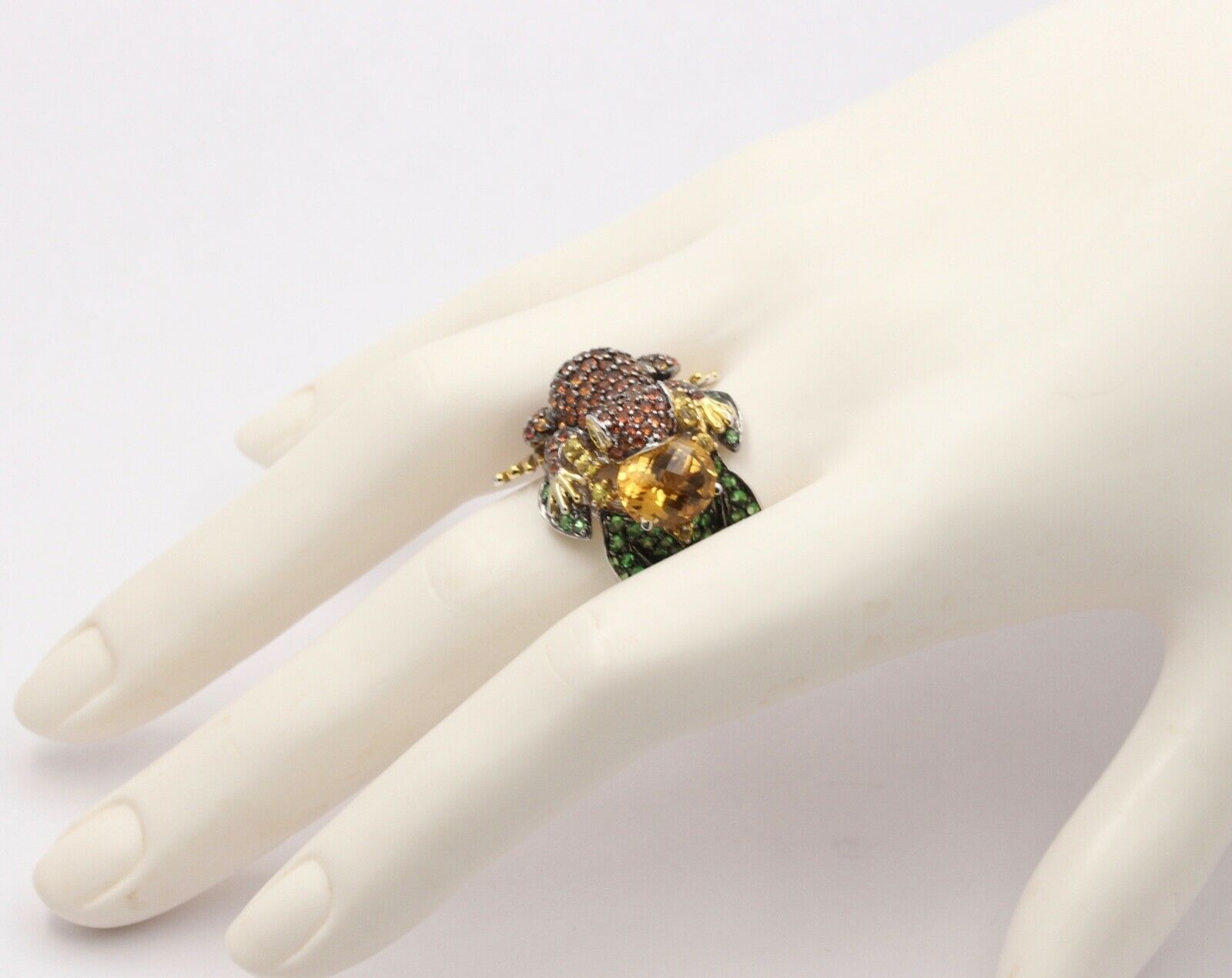 Vintage Frog Sapphires Citrine Tsavorite Diamonds14K White Yellow Gold Ring