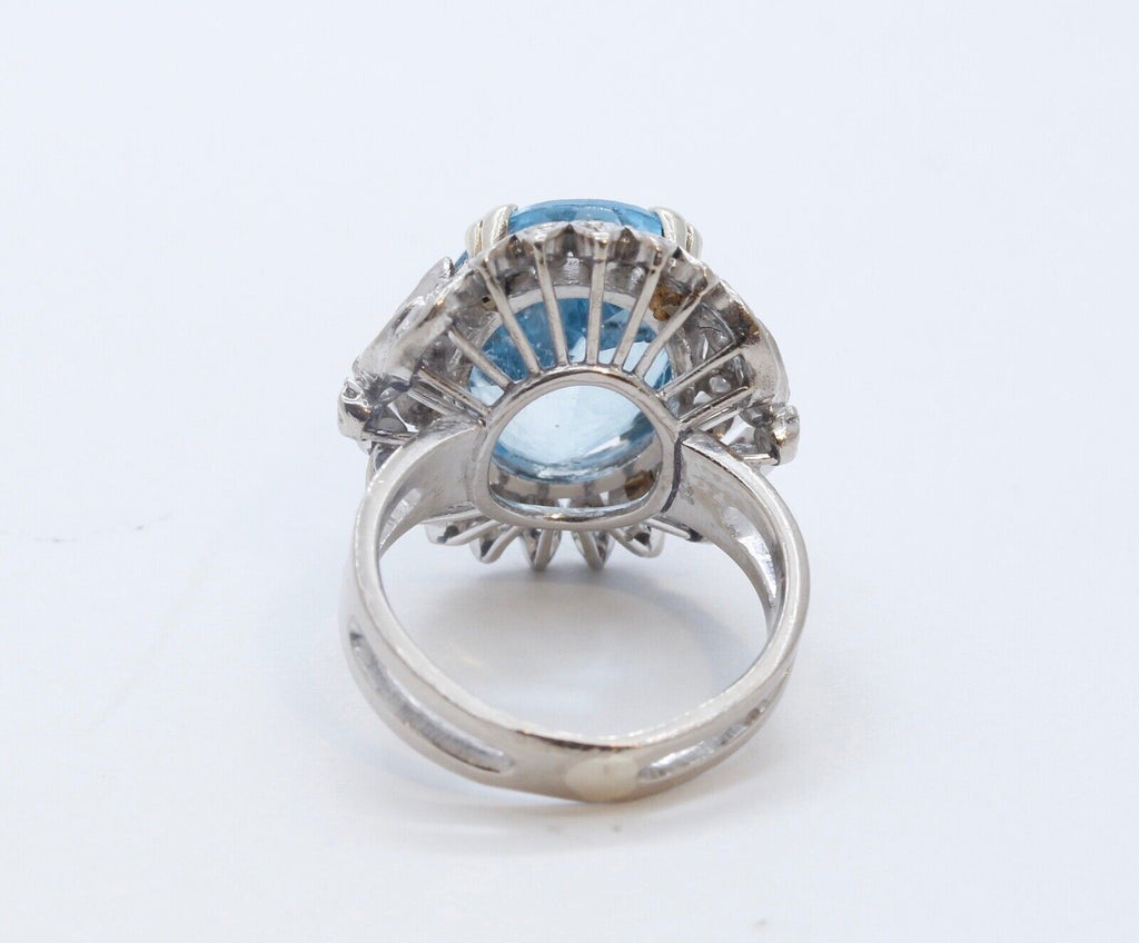 Vintage Blue Topaz Diamonds 14K White Yellow Gold Cocktail Ring