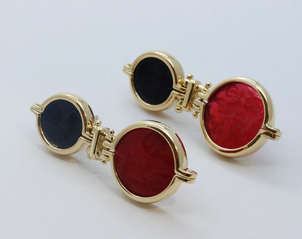 Italian 18K Yellow Gold Art Glass Portrait Cherub Dangle Earrings