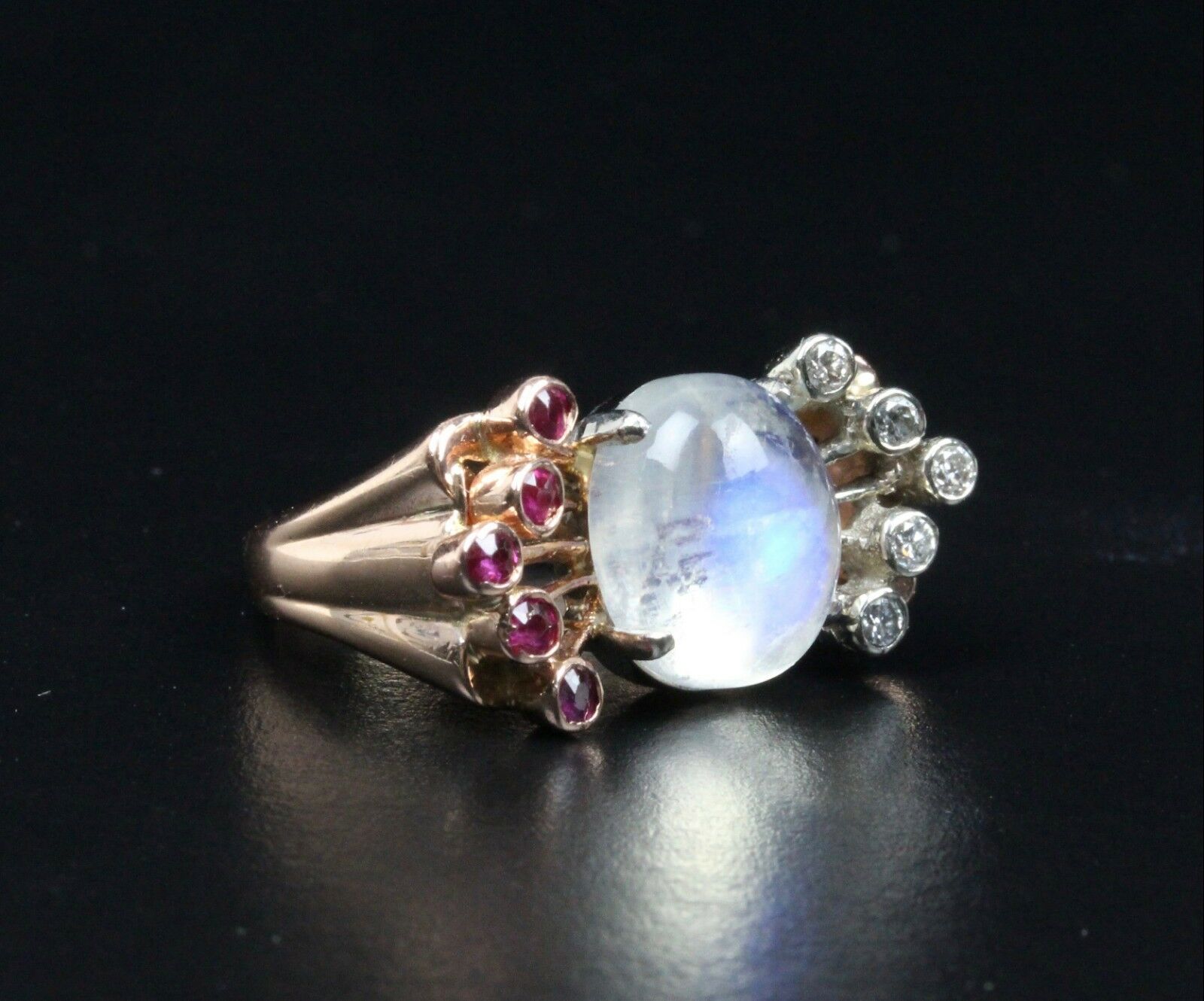 Retro 14K Rose Gold Moonstone Diamond Ruby Ring