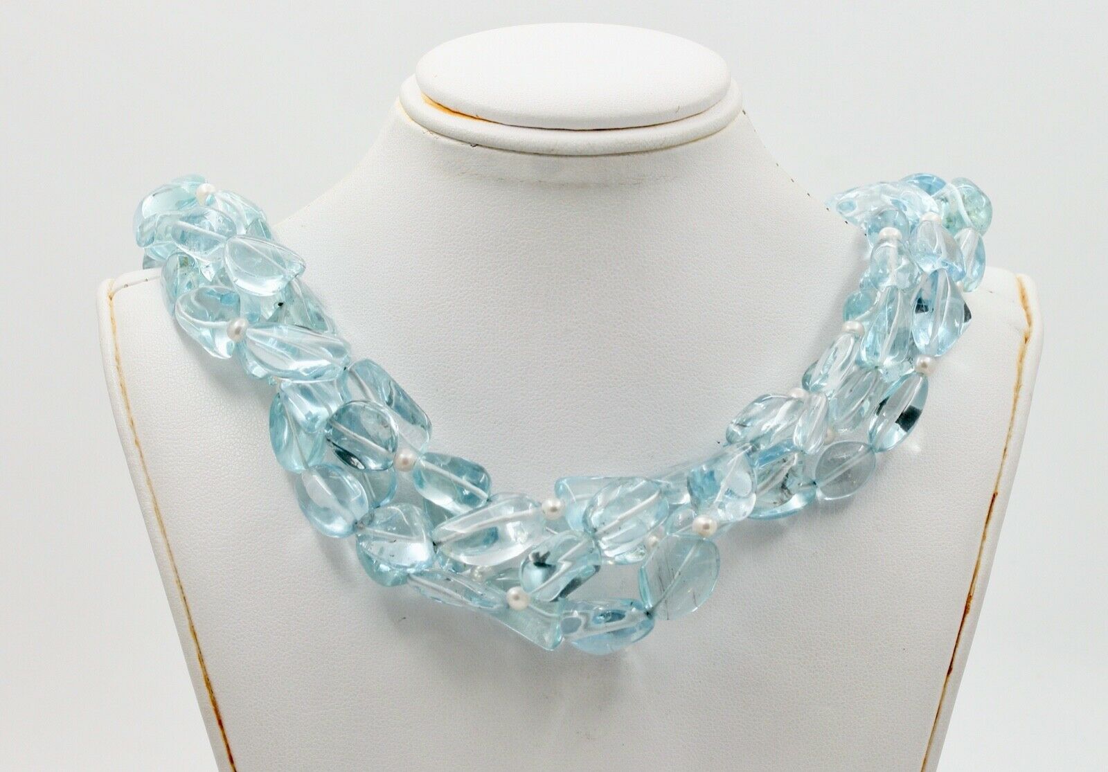 Vintage Sterling Silver Aquamarine Bead Pearl Quadruple Strand Necklace