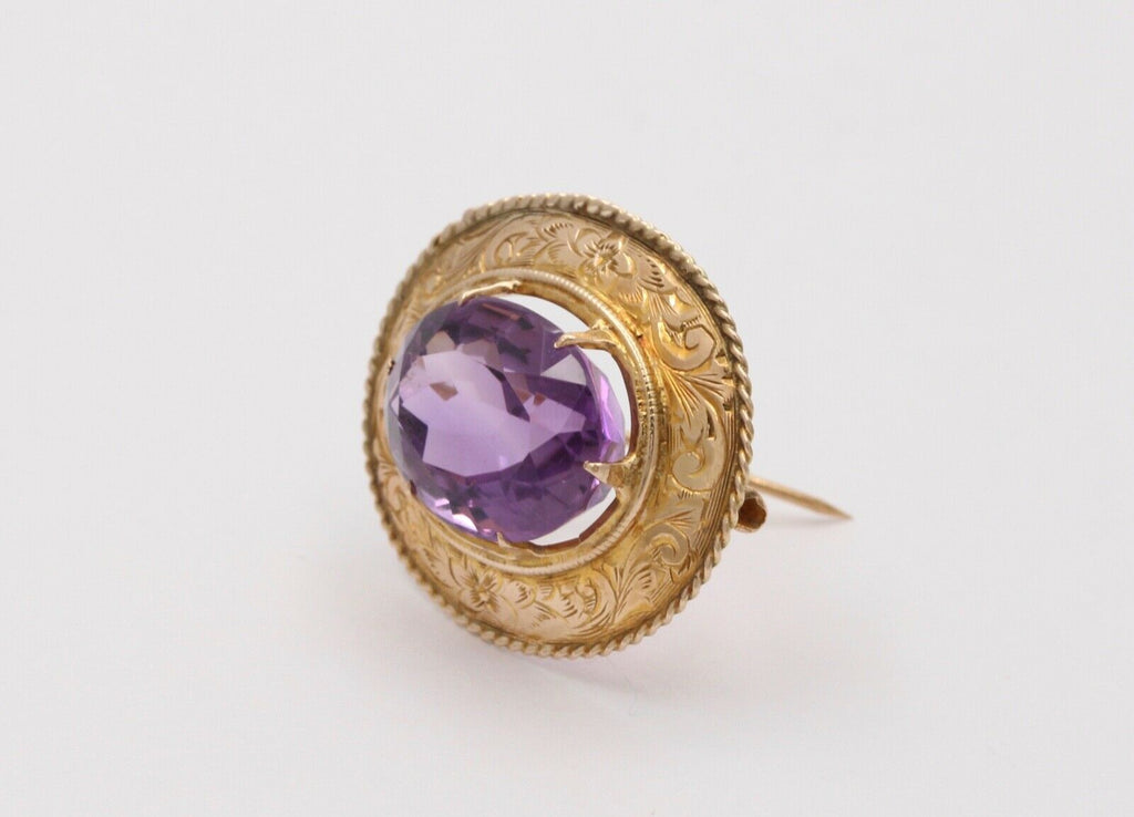 Victorian Revival Oval Amethyst 14K Yellow Gold Brooch Pin