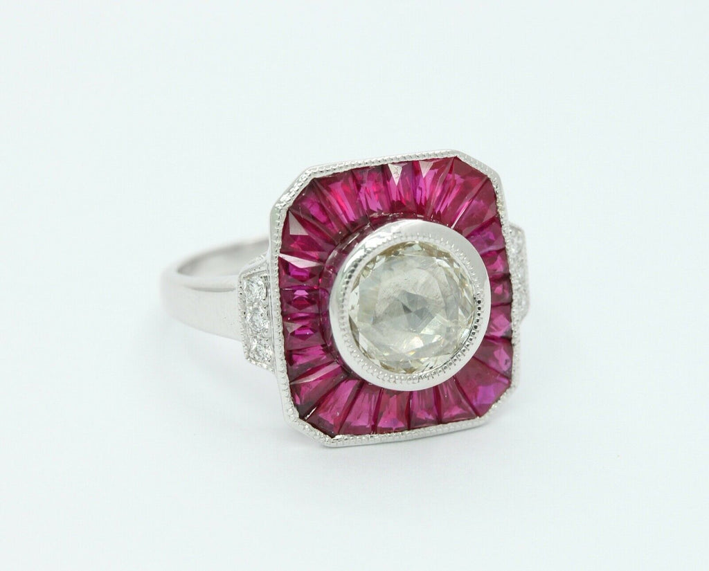 Beautiful Art Deco Style 18K White Gold Diamond Rubies Engagement Ring