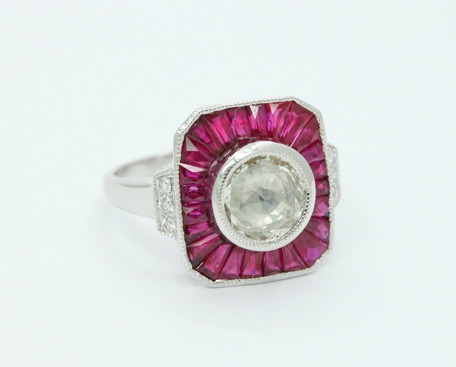 Beautiful Art Deco Style 18K White Gold Diamond Rubies Engagement Ring