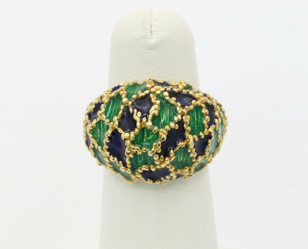 Vintage 18K Gold Blue & Green Enamel Dome Ring