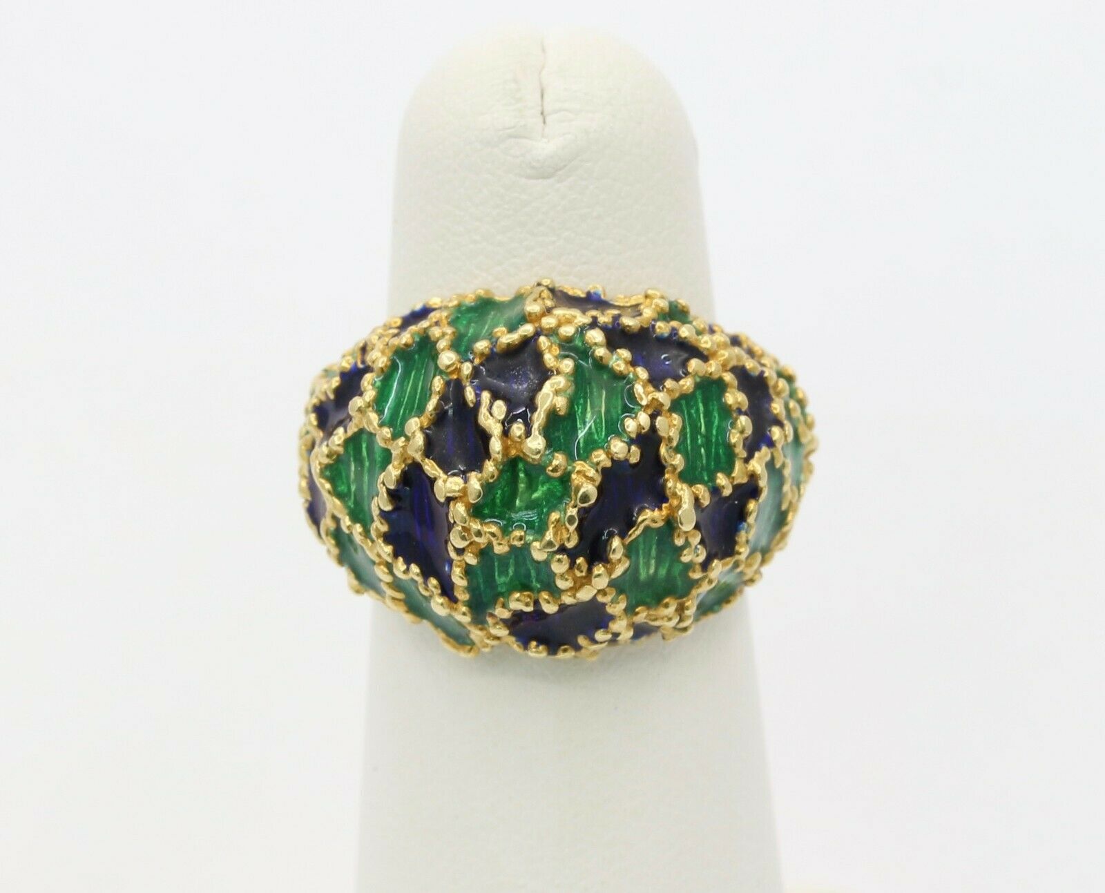 Vintage 18K Gold Blue & Green Enamel Dome Ring