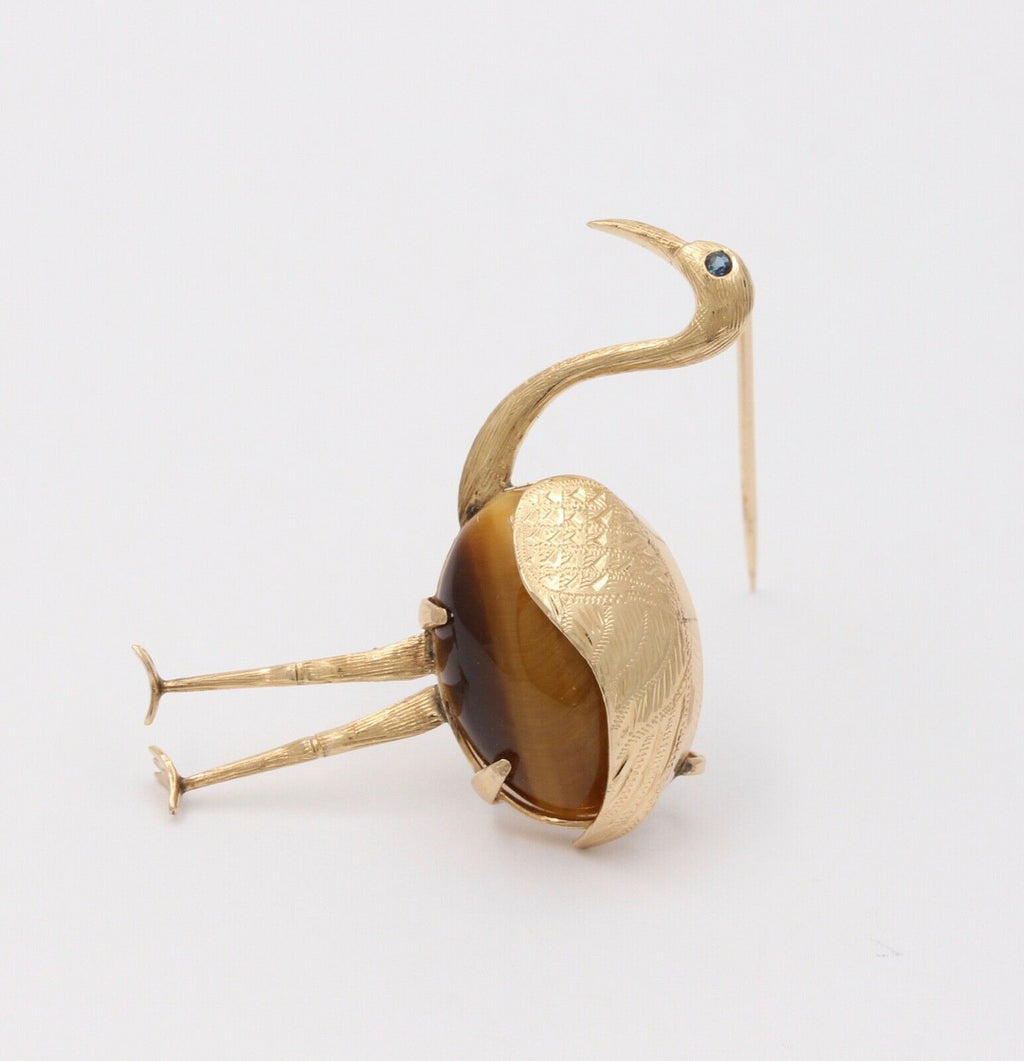 Vintage 14K Yellow Gold Tiger Eye Crane Bird Brooch, Estate Pin.
