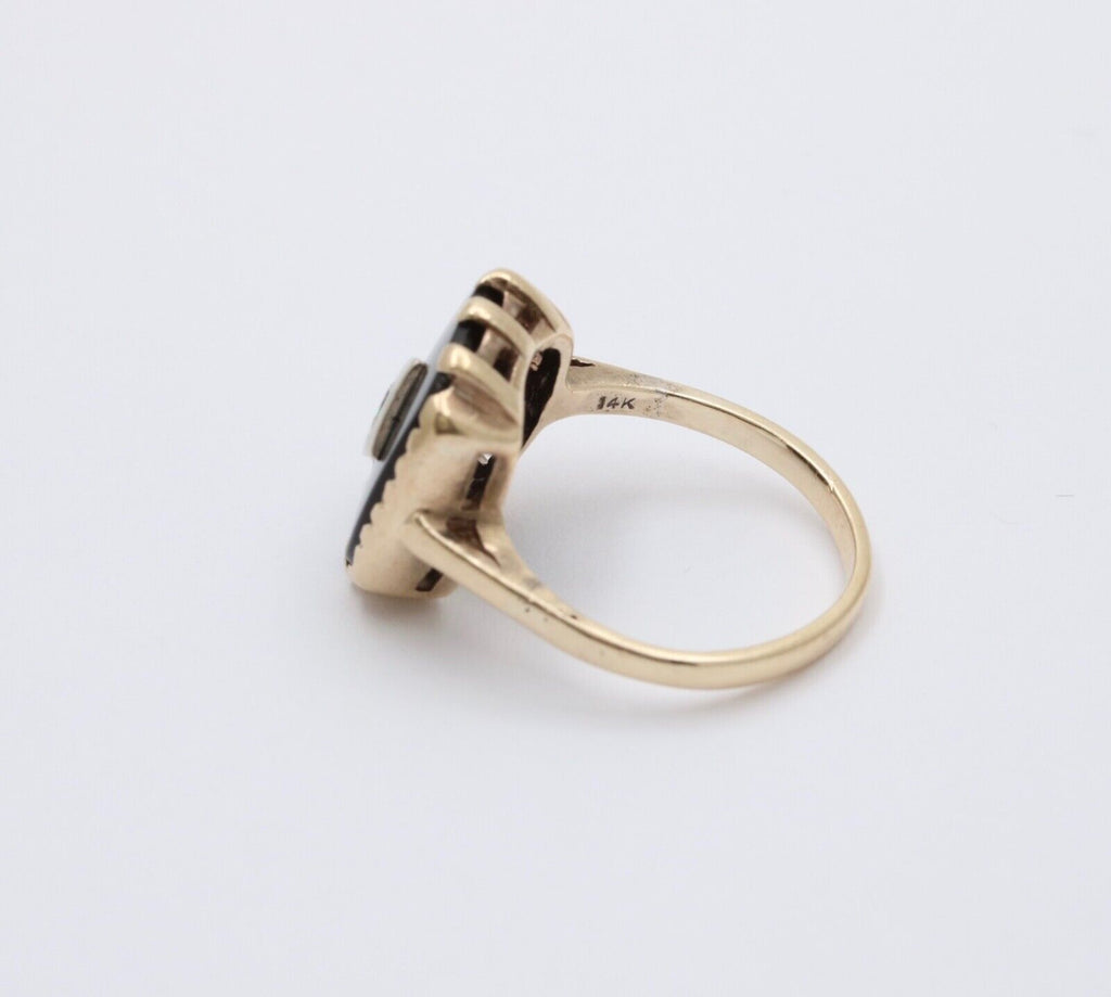 Antique 14K Yellow Gold Rectangle Onyx Diamond Ring, Antique Ring