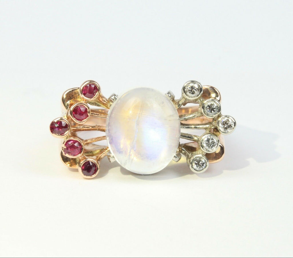 Retro 14K Rose Gold Moonstone Diamond Ruby Ring