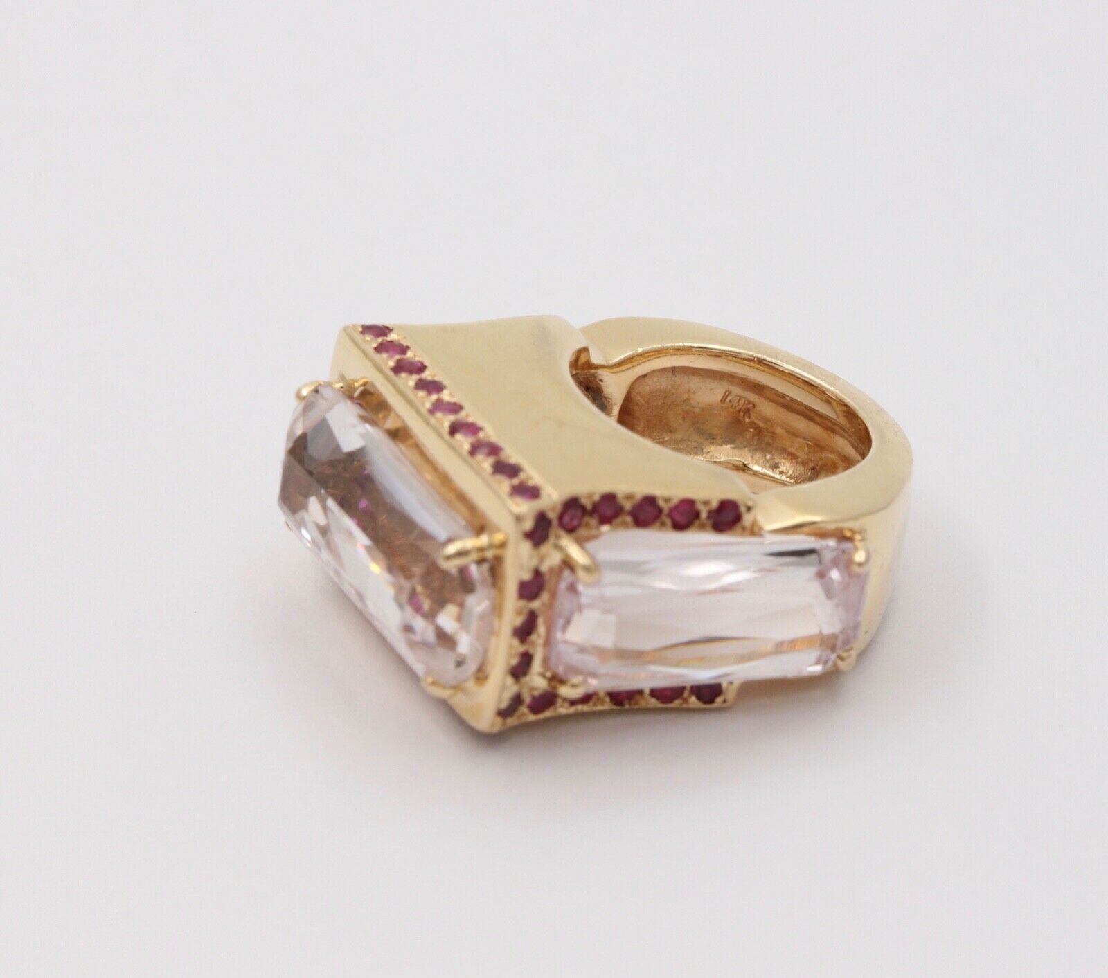 Striking 14K Yellow Gold Pink Kunzite And Ruby Tank Ring, Statement Ring