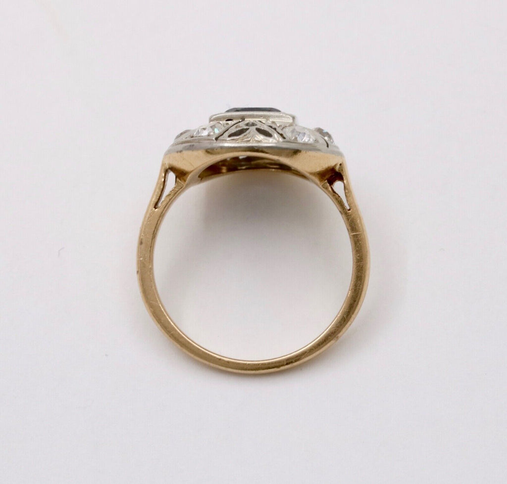 Art Deco Sapphire Diamond 14K White Yellow Gold Ring