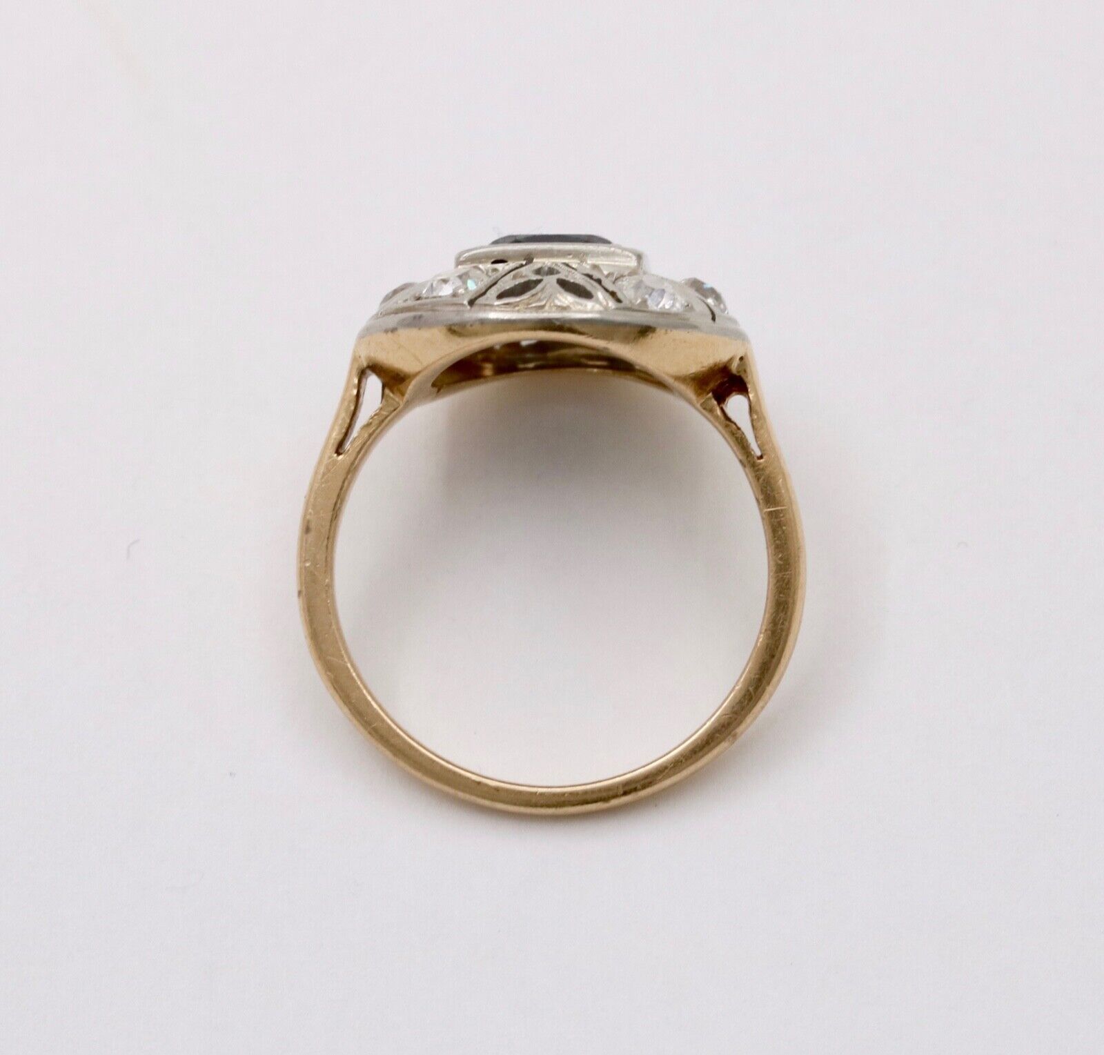 Art Deco Sapphire Diamond 14K White Yellow Gold Ring