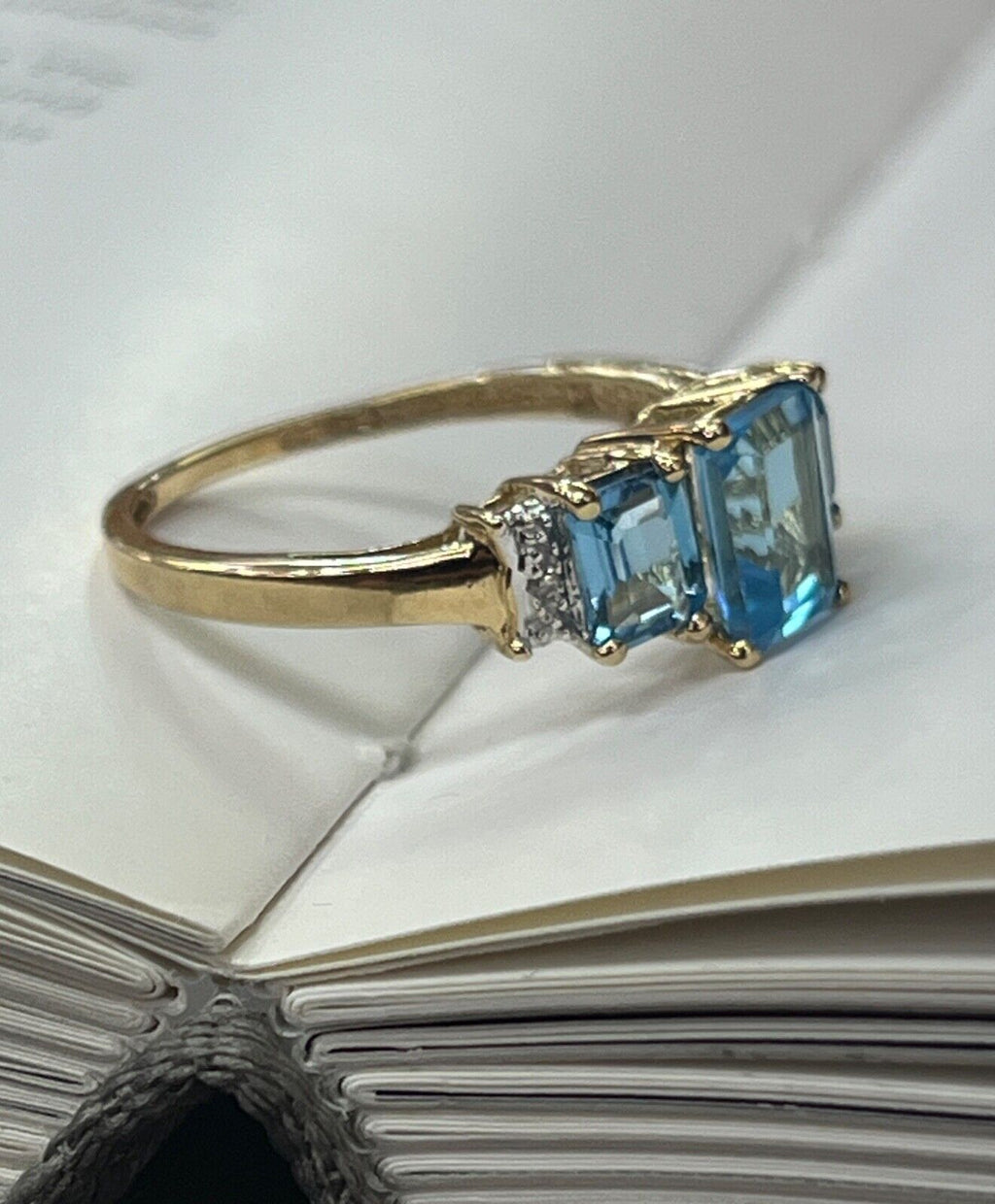 Vintage Blue Topaz & Diamond 10K Yellow Gold Birthstone Ring, Engagement Ring.